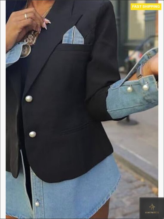 Denim Patchwork Blazer Slim Fit Business Casual Long Sleeve Lapel Jacket - Picture 2 of 7